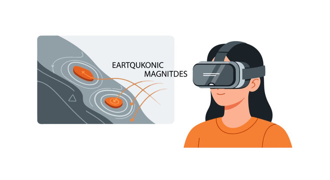 Woman Wearing VR Headset Studying Earthquake Magnitudes in Virtual Reality Educational Simulation