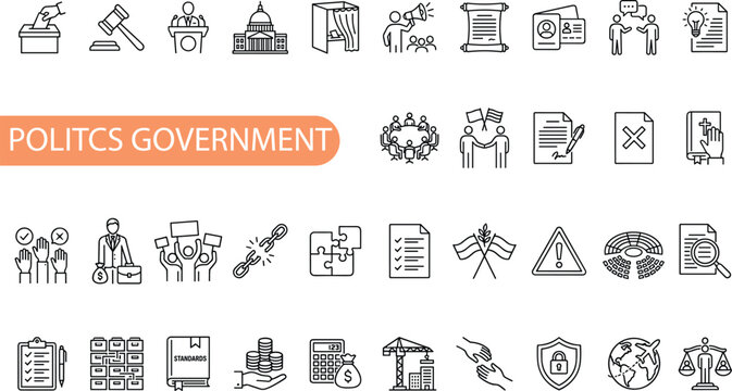politics and government line icon set featuring democracy, election, and public policy symbols. Ideal for news apps, civic websites,