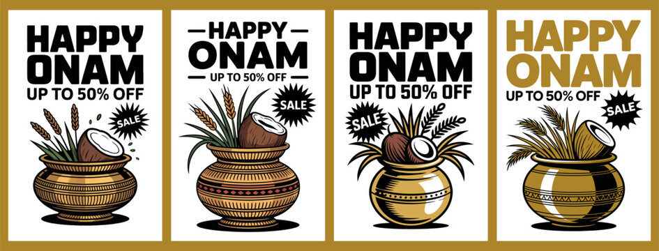 Happy Onam Festival Sale Illustration with Traditional Pookalam Pots