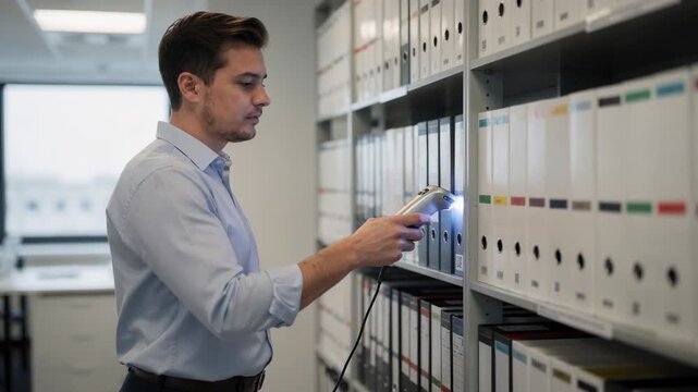 Medium shot of an employee using a handheld device to scan QR codes on binder spines highlighting efficient digital tracking and realtime binder inventory updates