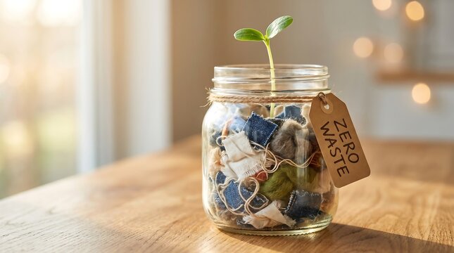Zero Waste Glass Jar Filled with Fabric Scraps and Seedling Representing Sustainable Fashion, Textile Recycling, and Circular Economy Lifestyle