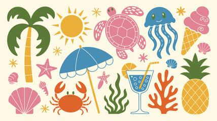 Summer Doodle Icon Vector Collection Featuring Tropical Beach Symbols, Sun, Palm Trees, Flamingo, Jellyfish, Crab and Sea Creatures © Raxzen
