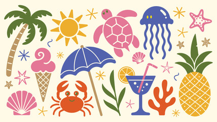 Summer Doodle Vector Collection Featuring Hand Drawn Sun, Palm Trees, Pineapple, Crab, Jellyfish and Tropical Beach Icons in Vibrant Colors © Raxzen