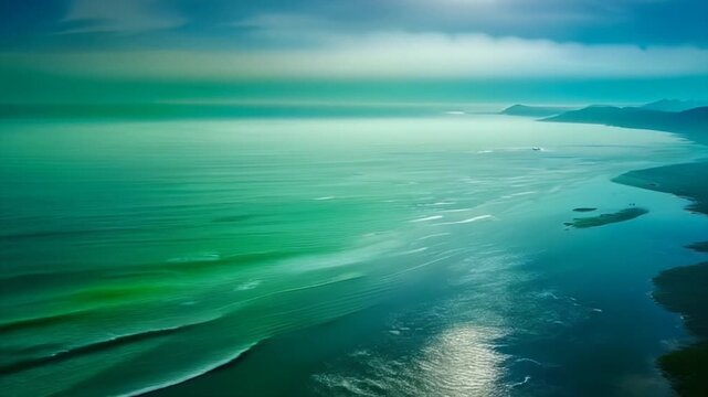 Soft glowing gradient blending ocean blue cosmic green fog layers sliding cinematic ambience