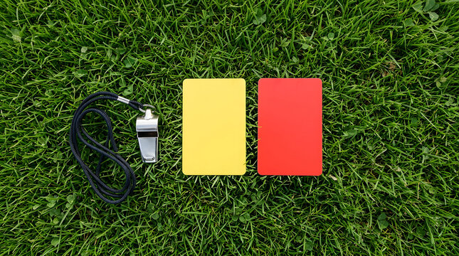 Yellow card red card and whistle arranged on green grass as football match discipline and officiating equipment