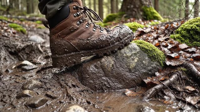 Mossy rock in a damp pine forest. Muddy ground with wet leaves and puddles. Static shot of a large stone with green moss. Nature background.