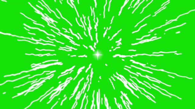 Cartoon speed line overlay featuring white comic streaks, dynamic movement effects and seamless soild green screen background animation for action scenes and transitions