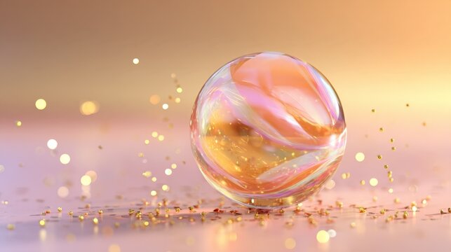 Golden light bathes a clear glass sphere. It rests on a glittering surface. Sparkles float around it softly. Warm tones glow in the background. Ideal for luxury, celebration