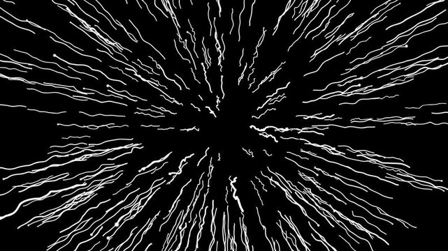 White motion burst speed lines animation, comic style action effects with seamless on soild black screen background and dramatic anime inspired movement visuals