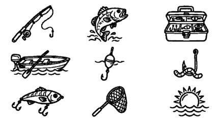 Obraz premium Summer fishing icon collection, fishing rod, fish, tackle box, boat, line art, black outline, isolated