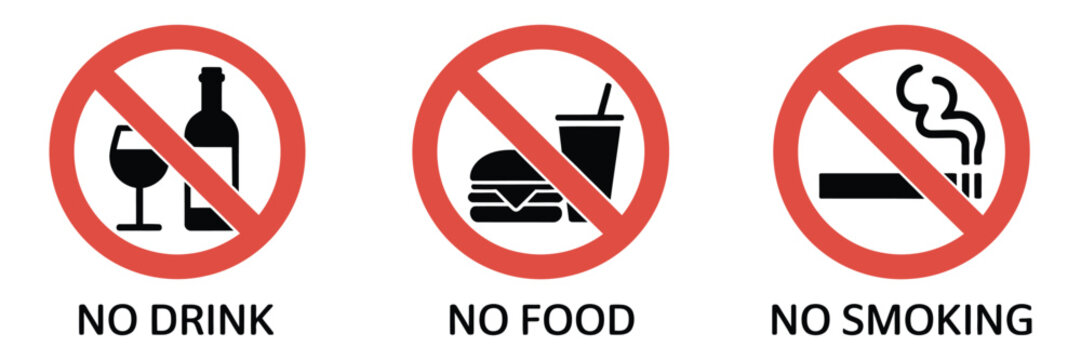 No Eating Drinking Smoking prohibition icon, safety warning sign for workplace and public space rules, restaurant regulation symbol, restricted area notice design vector.
