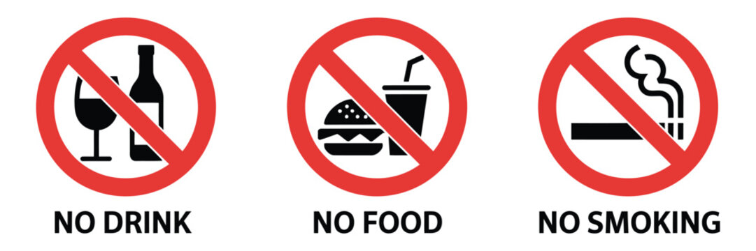 No Eating Drinking Smoking prohibition icon, safety warning sign for workplace and public space rules, restaurant regulation symbol, restricted area notice design vector.