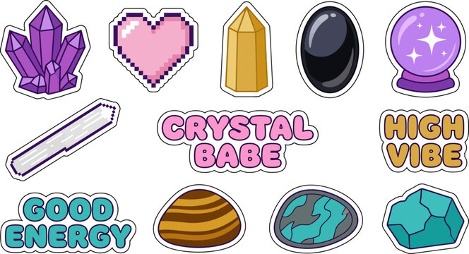 Vibrant sticker pack featuring crystals and positive vibes in a y2k aesthetic