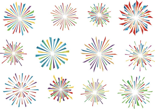 Colorful starburst explosions in various styles and colors isolated on transparent background
