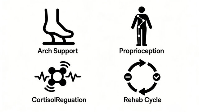 The arch, body shape, cortisol waveform, and rehabilitation cycle represent the regulation of arch support pressure, suitable for functional insoles and rehabilitation training programs.
