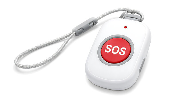White SOS Medical Alert Pendant with Lanyard Isolated on White Background