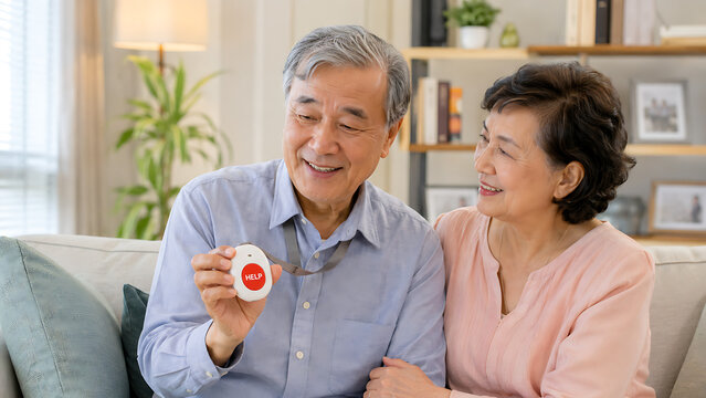 Senior Couple Holding SOS Emergency Button at Home