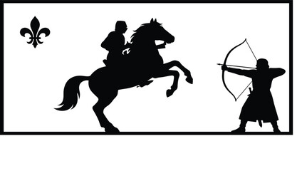 Medieval Silhouette Banner Featuring Knight Riding Rearing Horse Fleur De Lis Symbol and Archer Aiming Bow and Arrow for Kingdom Warfare Designs © MSTNusrat