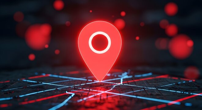 A glowing red location pin floating above a dark map surface with illuminated blue and red grid lines and bokeh light particles representing global navigation systems