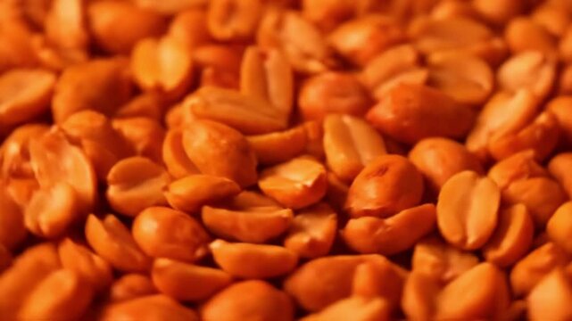Roasted salted peanuts moving in a smooth continuous rotation create an appetizing dynamic motion animation for culinary marketing and high quality food industry advertising video projects