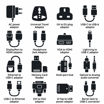 Comprehensive Collection of Electronic Power and Data Adapter Icons