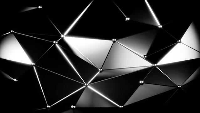 Reflective Polygonal Wireframe Structure. Dynamic Metallic Triangular Framework With Nodes