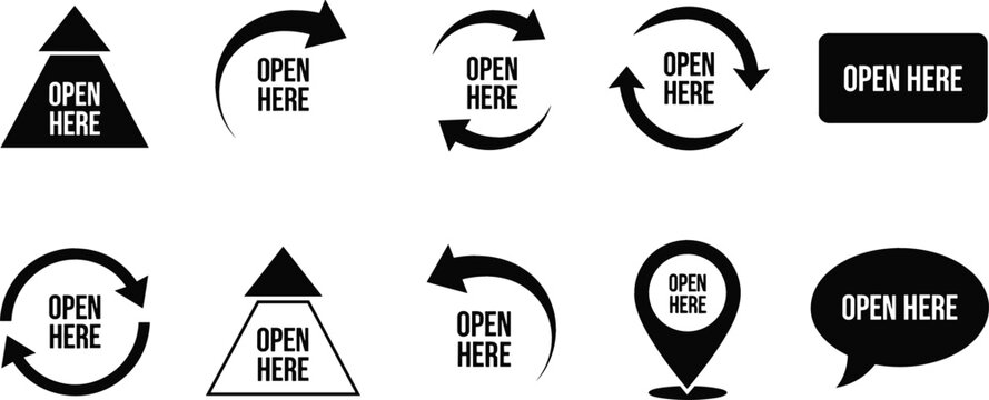 Open Here Label Vector Icon Set with Packaging Instructions, Directional Arrows, Location Pins, and Speech Bubbles for Product Boxes, Unboxing, and Shipping Labels