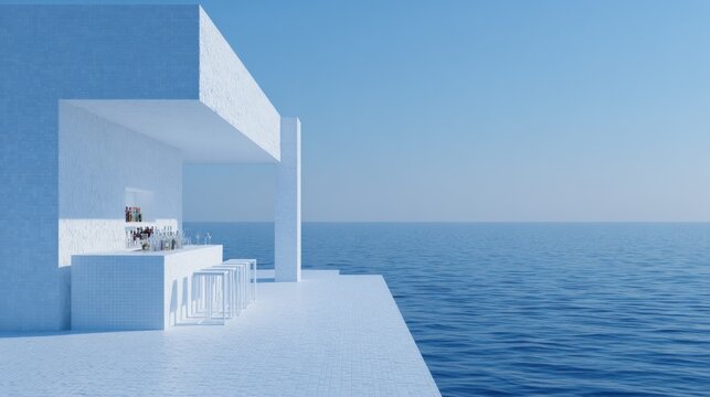Minimalist outdoor beverage service area overlooks vast expanse of deep blue ocean water
