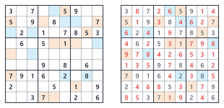 Sudoku puzzle grids with solved and unsolved versions displayed  