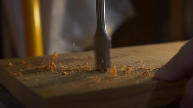 A wood working drilling a hole into a board with a drill press