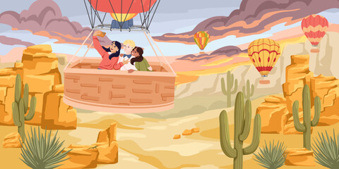 Hot air balloon ride with friends taking selfie above desert canyon at sunset. Cartoon hand drawn vector illustration. Adventure travel banner and vacation tourism background © Ekaterina Sumanosova