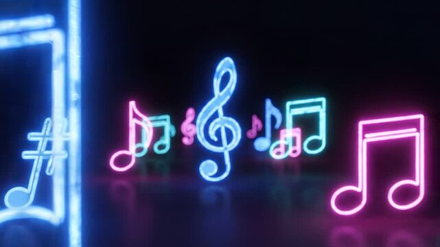 Glowing neon music notes pulsing in vibrant colors against a dark background, creating a lively and energetic atmosphere