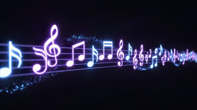 Abstract moving wave pattern with colorful floating musical notes glowing against a dark background, creating a rhythmic visual effect