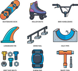 Naklejka premium Vector icon set featuring extreme urban sports gear. Includes detailed illustrations of skateboards, roller skates, BMX parts, and protective pads perfect for modern graphic design.