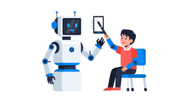 AI Robot and Child Student Learning Together with Digital Tablet - Vector Illustration for STEM Education and Future Technology Concept