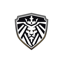 Obraz premium Lion shield logo design vector, lion head silhouette and shield crest heraldry symbol