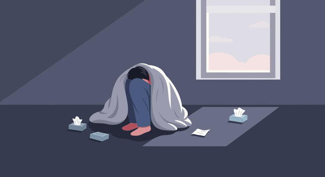 Illustration Of Person Hiding Under Blanket Depression And Sadness Conceptual Art