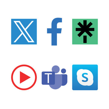 Grid of flat vector icons featuring popular digital platforms. The top row includes the white stylized X logo inside a blue square tile, the classic lower-case "f" Facebook silhouette logo