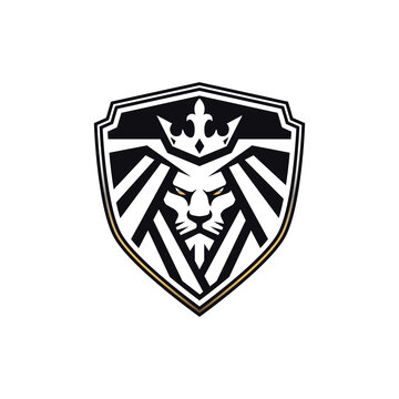 Lion shield logo design vector, lion head silhouette and shield crest heraldry symbol