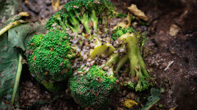 Broccoli florets infested with decomposing maggots, highlighting food decay and pest infestation.