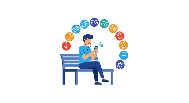 Language Learning App Concept Illustration - Man Studying Foreign Languages on Smartphone