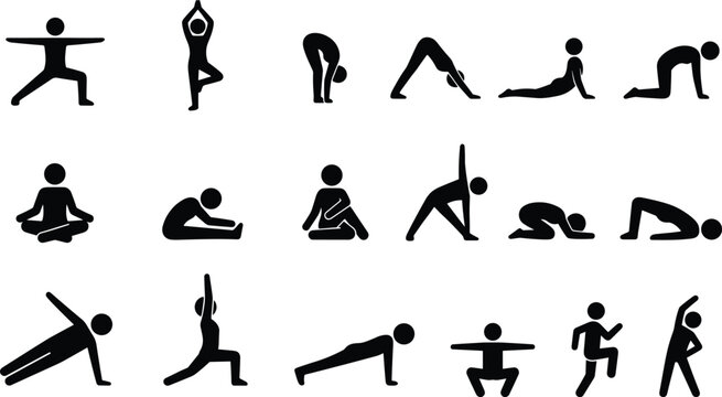 Yoga Pose and Fitness Exercise Silhouette Icons Set with Stretching Meditation Balance and Workout Positions