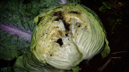Obraz premium Decomposing cabbage head with maggots nesting between leaves showing natural decay and organic decomposition.