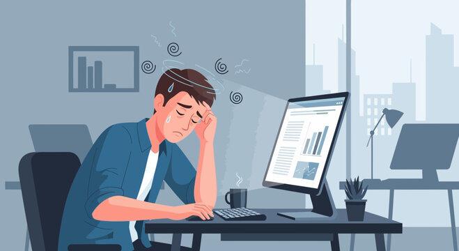 Illustration Of Office Worker Exhaustion And Overwhelm, Workload, And Frustration Depicted