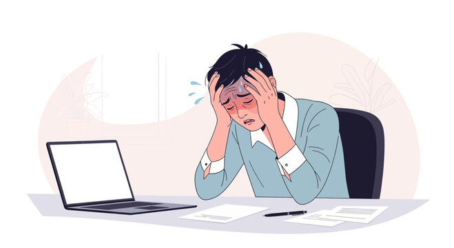 Illustration Of Stressed Person At Work With Digital Computer And Paper Document, Overwhelmed
