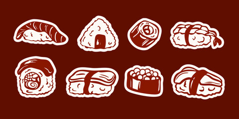 Hand drawn Japanese sushi sticker collection with rolls, nigiri, maki, and onigiri. Vector illustration. © Iana