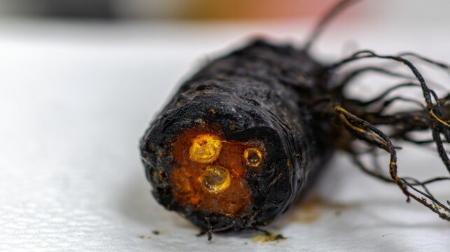 Carrot showing softened texture and blackened areas with visible maggots inside the core.