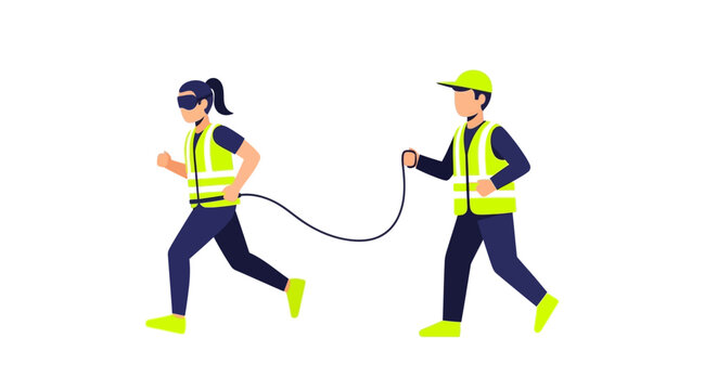 Visually Impaired Woman Running with a Sighted Guide in Safety Vests Vector Illustration - Inclusive Sports and Accessibility Concept