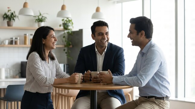 Team Coffee Break Concept: Three Indian Professionals Interacting Cheerfuly in Modern Office Pantry