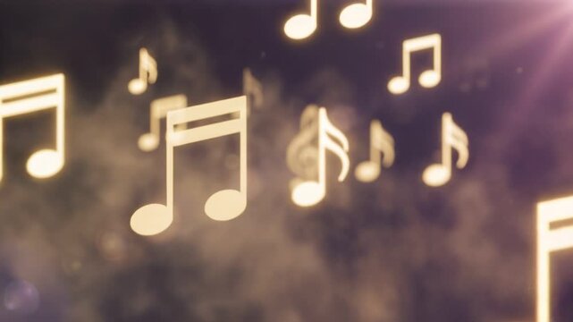 Animated musical notes moving through soft, ethereal fog with a dreamy atmosphere and golden hues